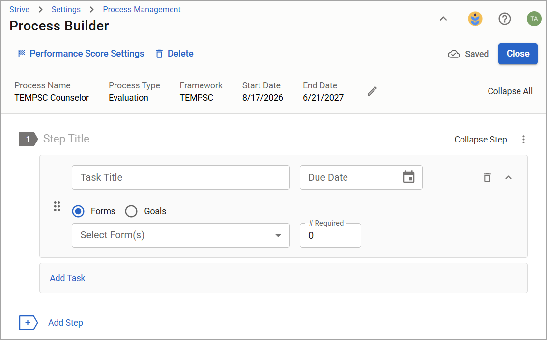 Process Builder interface showing blank steps and tasks for a TEMPSC evaluation process.
